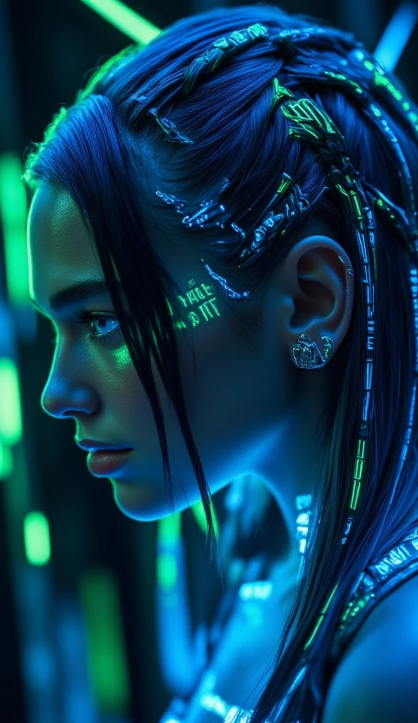 This is a highly stylized, digital illustration of a young woman with a striking, futuristic aesthetic. She has a light skin tone and is depicted in profile, with her face illuminated by a cool blue and neon green light. Her hair is styled in intricate, high braids that are dyed with neon green and blue hue text "CIVITAI", creating a vibrant, almost holographic effect. 
Her eyes are large and expressive, with well-defined, thick eyelashes and subtle makeup that enhances her features.
 