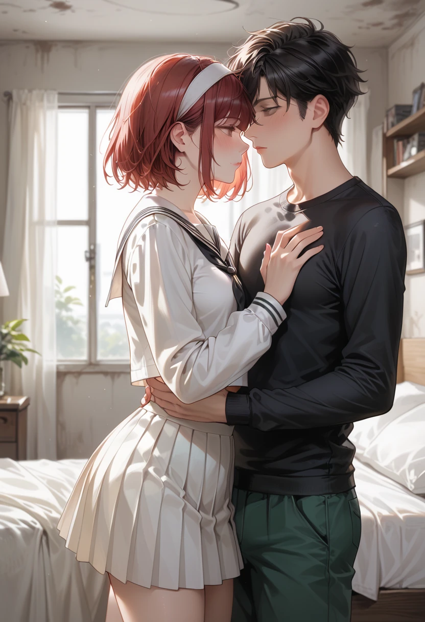  white sailor suit,  Long Sleeve ,  white short pleated skirt,  big black ribbon on chest ,  Abandoned Bedroom, red short hair,  The girl is wearing a white headband,  Tall Girl , medium breasts, standing, looking at another, girl is drunk, Lift the skirt by herself, Green underwear, Alone