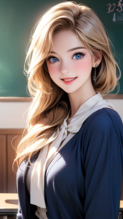   super high res  、  top quality 、masterpiece:1.2、Realistic headshot，  Beautiful woman alone in a school building  、２9 *********、  school teacher  、 blondes、  blue eyes、Navy Suit、  School classroom、   cute pose 、  blackboard  、smile、(( Only the upper body is depicted ))、((  female close-up  ))