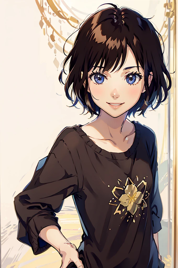 short brown hair, smiling