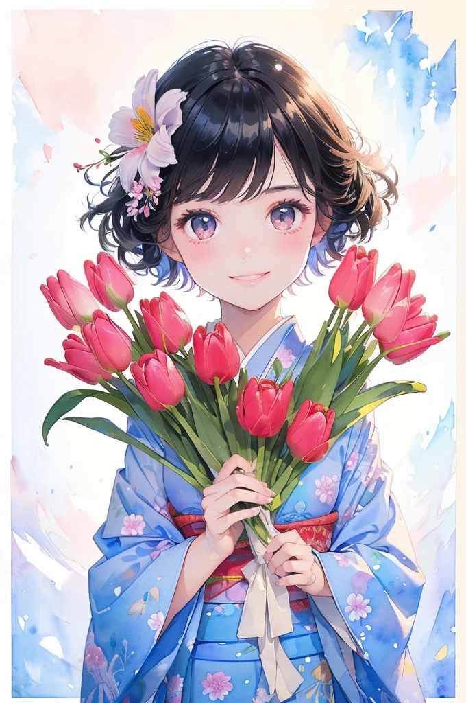 (masterpiece、 top quality 、 top quality 、 beautiful beautiful:1.2)、 excellent anatomy、(watercolor）、 Picture of a Girl with Straight Short Hair、 beautiful smile、 beautiful Japanese kimono 、modern pattern、 soft、pure、charm、(tulip flower、bouquet:1.3)、 staring at the camera、tulip flower、blue sky、 horizon 、Blur