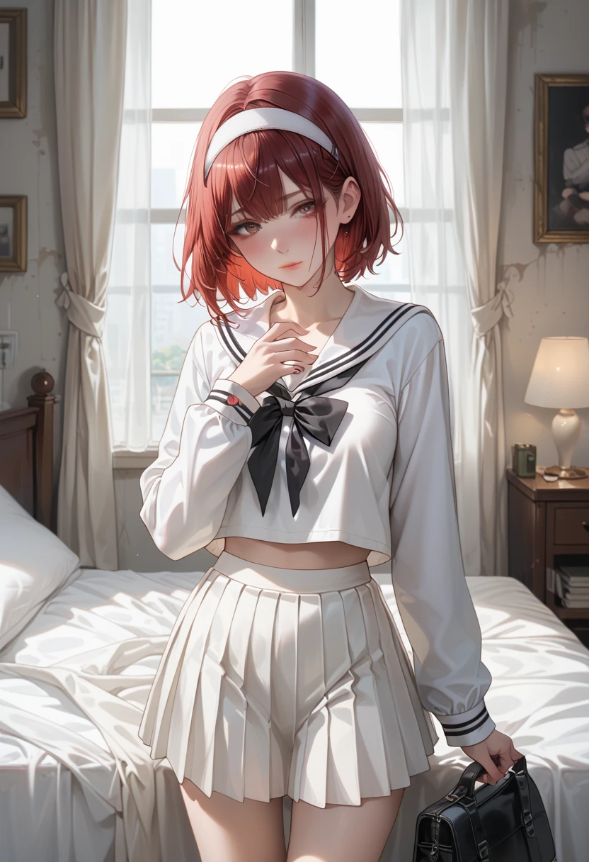  white sailor suit,  Long Sleeve ,  white short pleated skirt,  big black ribbon on chest ,  Abandoned Bedroom, red short hair,  The girl is wearing a white headband,  Tall Girl , medium breasts, standing, girl is drunk, Lift the skirt by herself, Green underwear, Alone