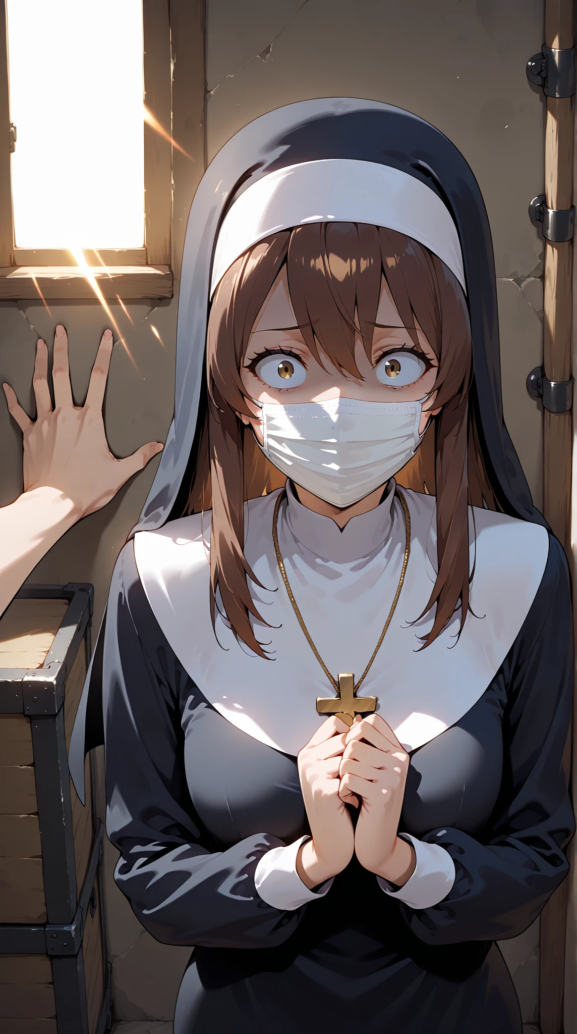 Anime-style character, source_anime, neolight, backlighting, light rays, 1girl, adult woman, beautiful, best perfect anatomy, A pale anime mature woman, nun (black nun habit, cross necklace, white glove, wearing white surgical mask), 1 woman, lonely, deep brown eyes, long hair, deep brown hair, straight hair, waist length hair, bangs, Pretty Face, cute, anime girl with Surprise look, Constricted pupils, depressing face, scared, traumatized, Fear, shaded face, looking a view, scared poses, medium Up, Single Shot, Shooting from the person, kabedon, pov hands (background : medieval storage room, very small space),