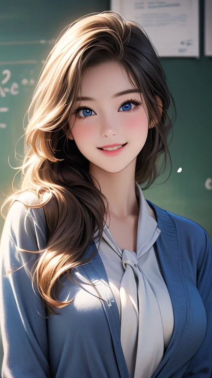   super high res  、  top quality 、masterpiece:1.2、Realistic headshot，  Beautiful woman alone in a school building  、２9 *********、  school teacher  、 blondes、  blue eyes、Navy Suit、  School classroom、   cute pose 、  blackboard  、smile、(( Only the upper body is depicted ))、((  female close-up  ))