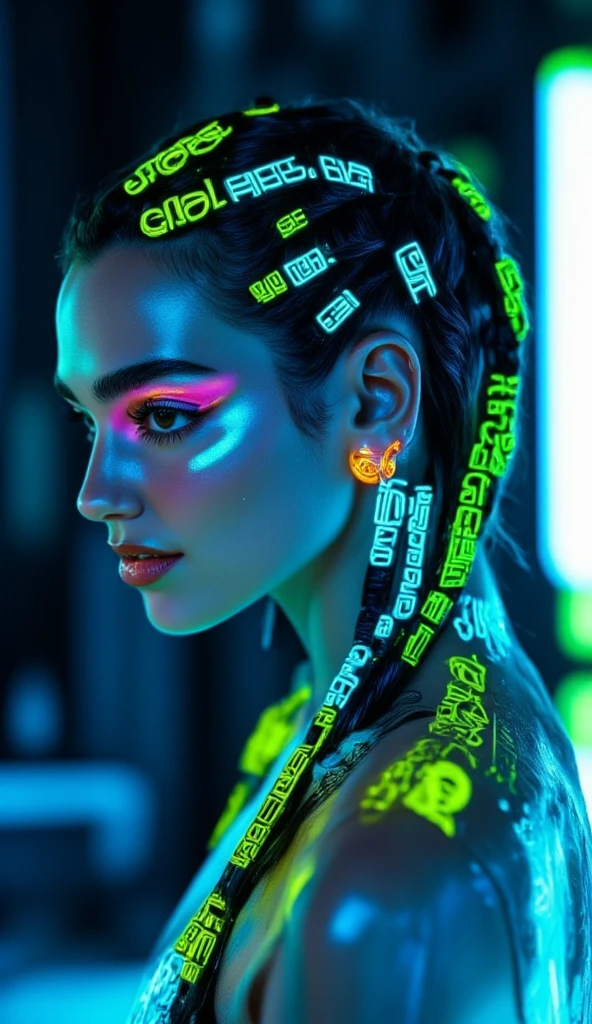 This is a highly stylized, digital illustration of a young woman with a striking, futuristic aesthetic. She has a light skin tone and is depicted in profile, with her face illuminated by a cool blue and neon green light. Her hair is styled in intricate, high braids that are dyed with neon green and blue hue text "CIVITAI", creating a vibrant, almost holographic effect. 
Her eyes are large and expressive, with well-defined, thick eyelashes and subtle makeup that enhances her features.
 