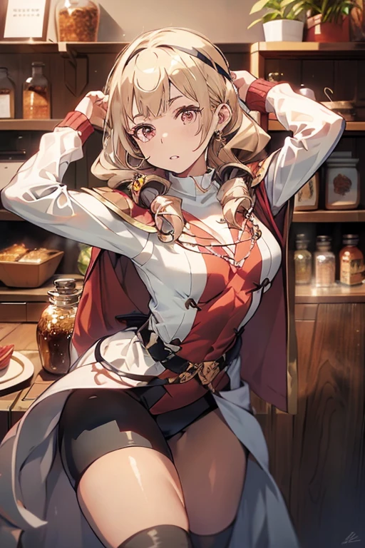 (fantasy:1.5),(8k,masterpiece, top quality, best quality,beautiful and aesthetic:1.2,professional illustrasion:1.1,ultra detail:1.3,perfect lighting),extremely detailed,highest detailed,incredibly absurdres , highres, ultra detailed,intricate:1.6,(Alchemy Workshop:1.4),A girl mixing,Medicine in many small bottles,holding small potion,colorful:1.4,zentangle,(a girl 26yo old),(cute girl),pointed chest:1.3,(double breasted:1.2,under bust:1.2), Amazing Cleavage:1.3, thin waist, big ass, Raised sexy, big breast: 1.2 posed cleavage:1.2,(female alchemy),(highly detailed beautiful face and eyes,firm breasts),oily skin,((bronde hair, long pony tail hair)),thin pubic hair,cute,lovely,beautifuk alchemist costume,smile,in the kitchen,smile,seductive weak smiling,(with sparkling eyes and a contagious smile),open mouth, Looking at Viewer,