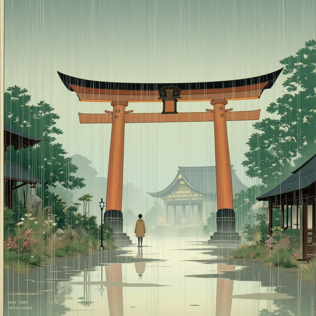  a traditional Japanese woodblock-style painting depicting a rainy scene at a Shinto shrine. The composition should feature a prominent torii gate in the foreground, with rain falling in fine, vertical lines to create a tranquil and atmospheric effect. Include puddles on the ground reflecting the torii and surrounding environment. In the background, softly render a traditional shrine and lush greenery, partially obscured by mist to evoke depth and serenity. Use muted tones of green, gray, and blue with subtle earthy highlights to convey a calm and reflective mood. Ensure the style reflects the techniques and aesthetics of classic Japanese woodblock prints.