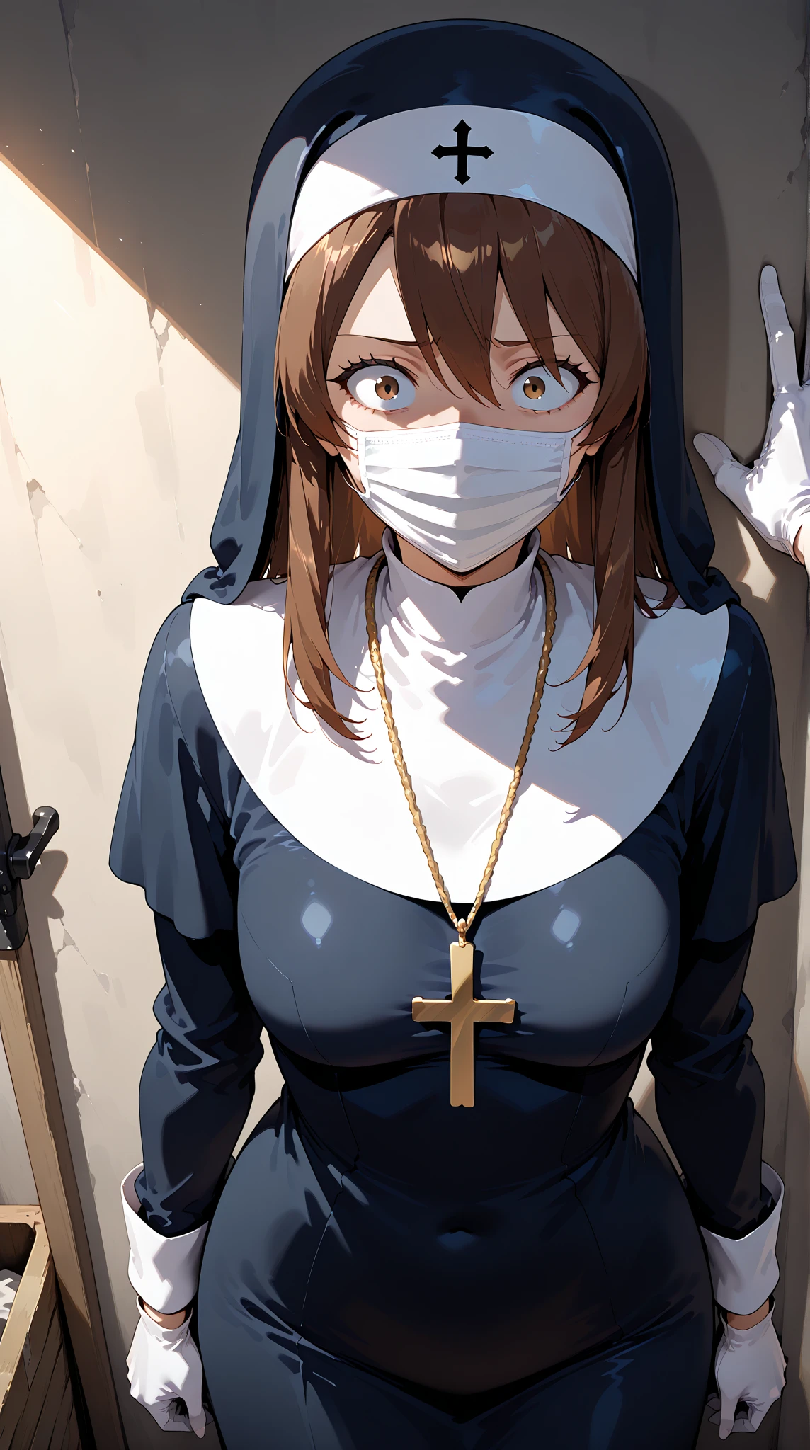 Anime-style character, source_anime, neolight, backlighting, light rays, 1girl, adult woman, beautiful, best perfect anatomy, A pale anime mature woman, nun (black nun habit, cross necklace, white glove, wearing white surgical mask:1.1), 1 woman, lonely, deep brown eyes, long hair, deep brown hair, straight hair, waist length hair, bangs, Pretty Face, cute, anime girl with Surprise look, Constricted pupils, depressing face, scared, traumatized, Fear, shaded face, looking a view, scared poses, medium Up, Single Shot, Shooting from the person, kabedon, pov hands (background : medieval storage room, very small space),