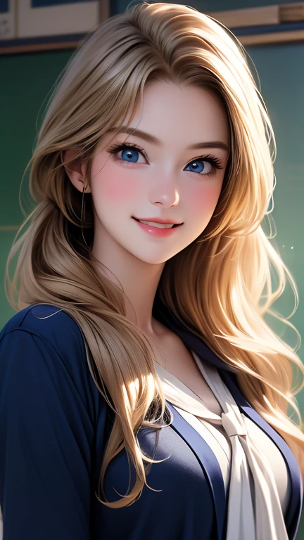   super high res  、  top quality 、masterpiece:1.2、Realistic headshot，  Beautiful woman alone in a school building  、２9 *********、  school teacher  、 blondes、  blue eyes、Navy Suit、  School classroom、   cute pose 、  blackboard  、smile、(( Only the upper body is depicted ))、((  female close-up  ))