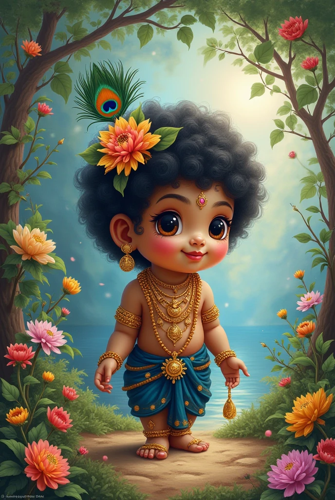 painting of a  with a feathered headband and a pot, indian god, hindu god, cute boy, adorable digital painting, by Jitish Kallat, hindu art, vishnu, trending on devian art, devainart, by Thota Vaikuntham, fanart, serene expression, ayan nag, by Saurabh Jethani, sweet