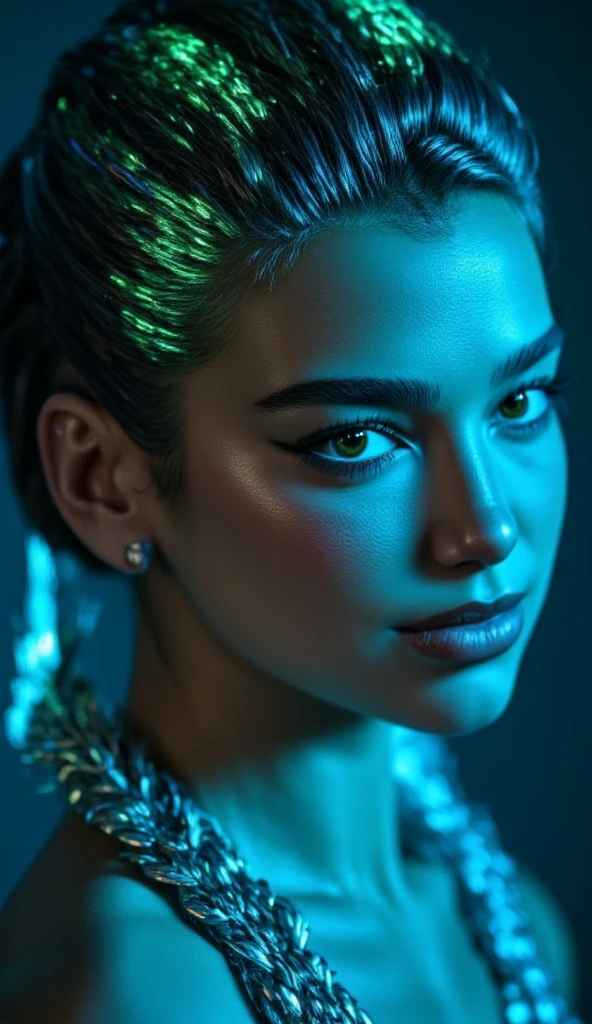 This is a highly stylized, digital illustration of a young woman with a striking, futuristic aesthetic. She has a light skin tone and is depicted in profile, with her face illuminated by a cool blue and neon green light. Her hair is styled in intricate, high braids that are dyed with neon green and blue hue text "CIVITAI", creating a vibrant, almost holographic effect. 
Her eyes are large and expressive, with well-defined, thick eyelashes and subtle makeup that enhances her features.
 