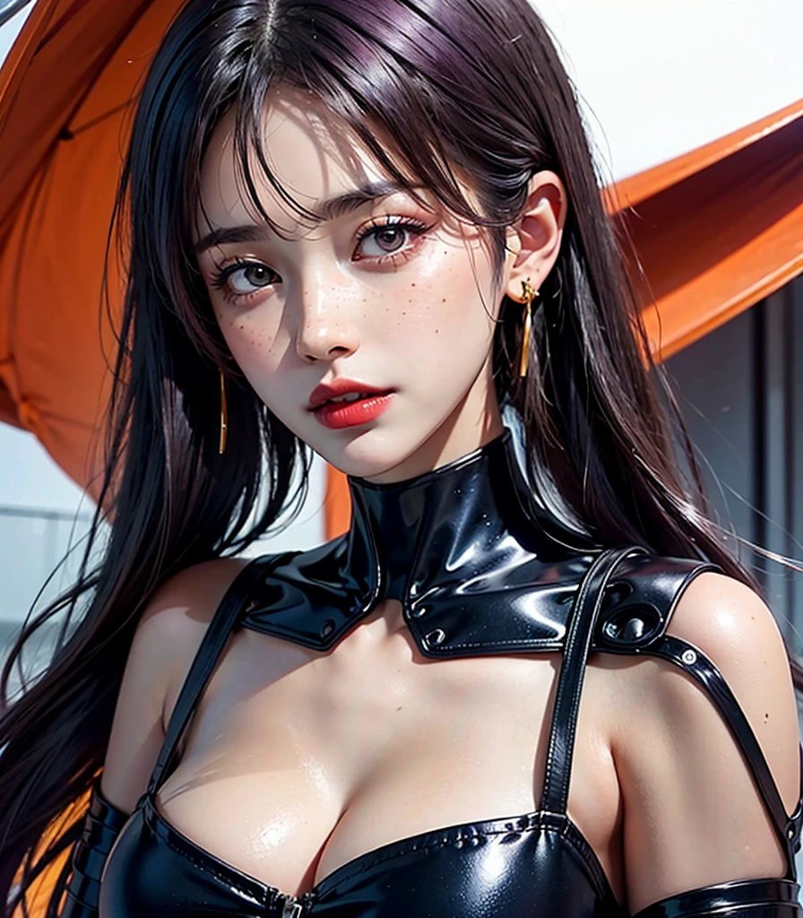 1 robot woman, android woman, 30 years old, Japanese, 4k, robotic joints, realistic, soft skin, texturized skin, long whavy black hair with bangs, purple fade hair, shiny red eyes, red eyeliners, shining red lips, natural makeup, freckles, large breast, boob tent, round gold earings, bitting her lip, morning lighting, bright colors, looking directly to the viewer, shoulders up, face focus, portrait.