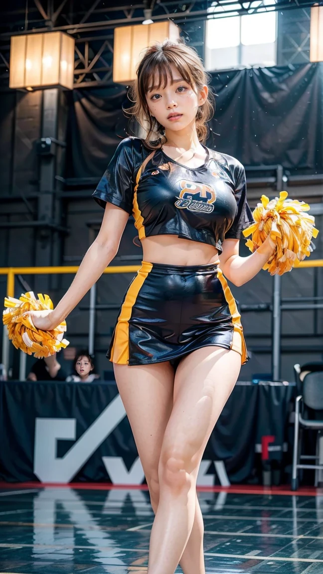 A beautiful young Japanese woman, 20 years old, with perfect anatomy, healthy thighs, beautiful feet, flawless skin, random hair color and style, large bust, (she is standing:1.2), wearing a cheerleader uniform with micro-pleated miniskirt, in a full body shot, standing in a stadium, (best quality,4k,8k, highres, masterpiece:1.3), (extremely detailed:1.2), Ai Shinozaki