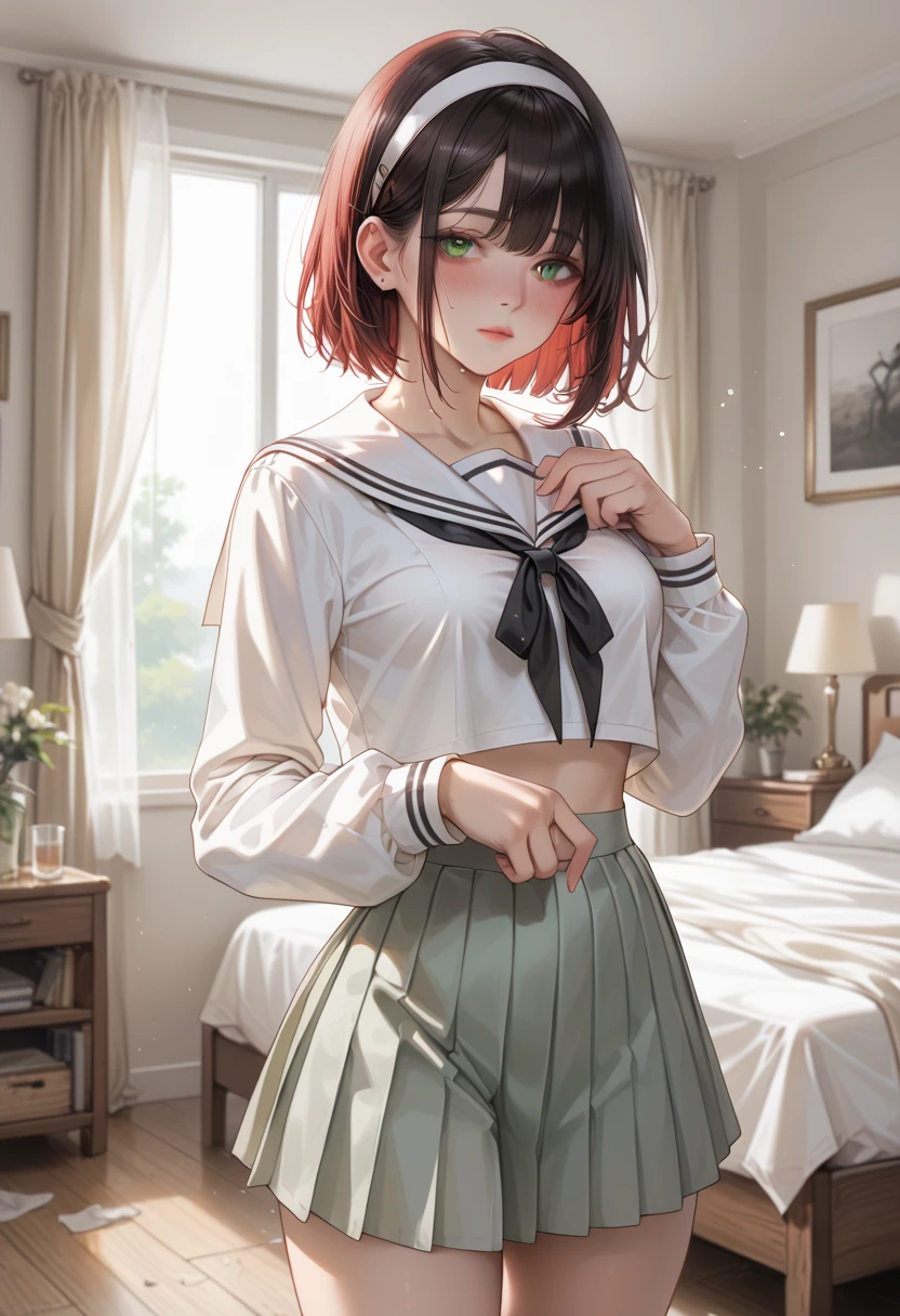  white sailor suit,  Long Sleeve ,  white short pleated skirt,  big black ribbon on chest ,  Abandoned Bedroom, red short hair,  The girl is wearing a white headband,  Tall Girl , medium breasts, standing, girl is drunk, Lift the skirt by herself,  green panties with front button closure, Alone