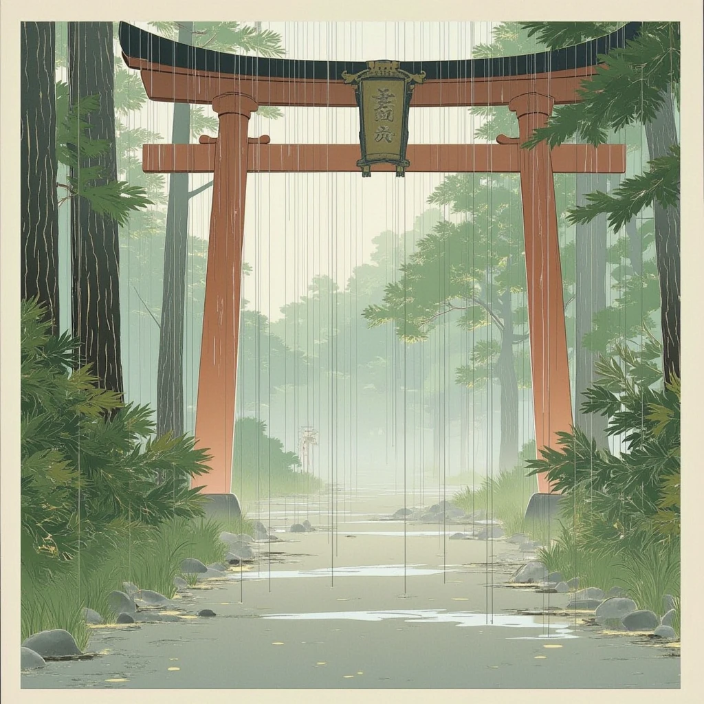  a traditional Japanese woodblock-style painting depicting a rainy scene at a Shinto shrine. The composition should feature a prominent torii gate in the foreground, with rain falling in fine, vertical lines to create a tranquil and atmospheric effect. Include puddles on the ground reflecting the torii and surrounding environment. In the background, softly render a traditional shrine and lush greenery, partially obscured by mist to evoke depth and serenity. Use muted tones of green, gray, and blue with subtle earthy highlights to convey a calm and reflective mood. Ensure the style reflects the techniques and aesthetics of classic Japanese woodblock prints.