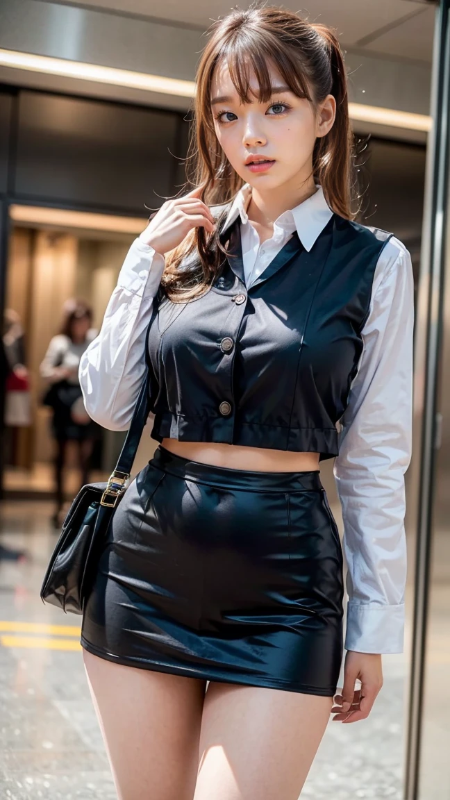 A beautiful, 24-year-old Japanese woman with perfect anatomy, healthy thighs, beautiful legs, beautiful skin, random hair color and style, large breasts, (wearing a flight attendant uniform with a mini-skirt:1.3), (she is standing:1.2), full body shot, pumps, carrying a suitcase, at the airport, (best quality,4k,8k,highres,masterpiece:1.3),(extremely detailed:1.2),realistic,photorealistic,photo-realistic:1.37,professional,vivid colors, studio lighting, Ai Shinozaki