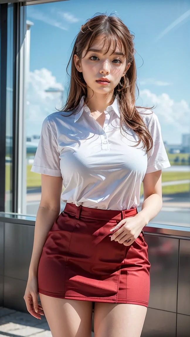 A beautiful, 24-year-old Japanese woman with perfect anatomy, healthy thighs, beautiful legs, beautiful skin, random hair color and style, large breasts, (wearing a flight attendant uniform with a mini-skirt:1.3), (she is standing:1.2), full body shot, pumps, carrying a suitcase, at the airport, (best quality,4k,8k,highres,masterpiece:1.3),(extremely detailed:1.2),realistic,photorealistic,photo-realistic:1.37,professional,vivid colors, studio lighting, Ai Shinozaki