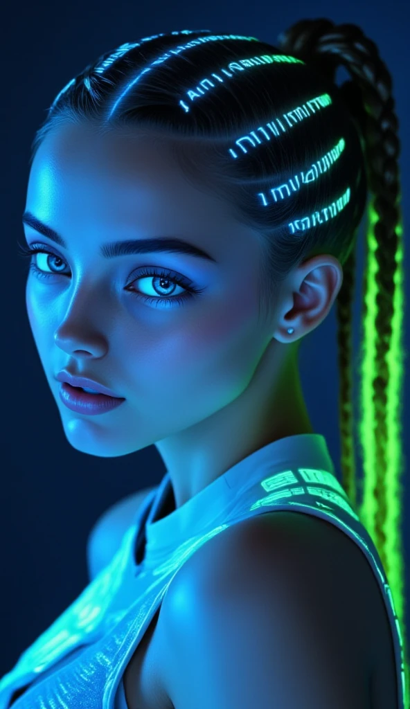 This is a highly stylized, digital illustration of a young woman with a striking, futuristic aesthetic. She has a light skin tone and is depicted in profile, with her face illuminated by a cool blue and neon green light. Her hair is styled in intricate, high braids that are dyed with neon green and blue hue text "CIVITAI", creating a vibrant, almost holographic effect. 
Her eyes are large and expressive, with well-defined, thick eyelashes and subtle makeup that enhances her features.
 