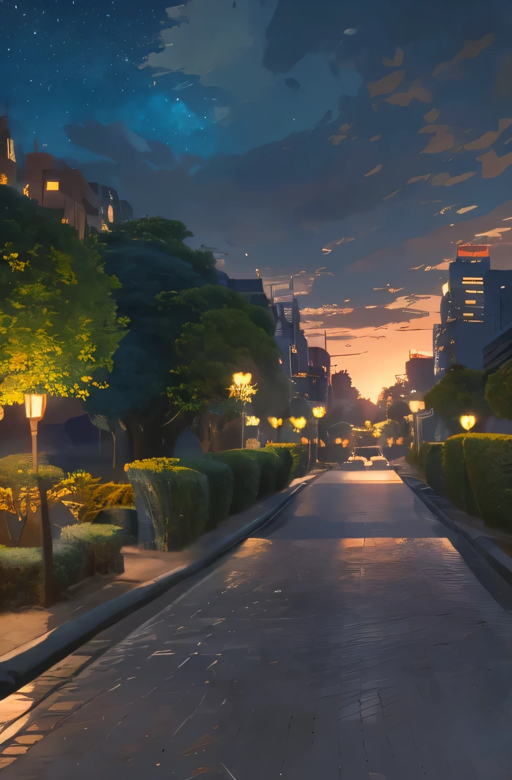 "Split scene artwork capturing night and dawn in a vertical composition. The upper half features a serene night sky with deep blue tones, scattered stars, and soft, glowing clouds surrounding a large, stylized full moon. The lower half transitions into a tranquil dawn cityscape, where the horizon is bathed in warm pastel hues of pink, orange, and light blue, casting a gentle glow over quiet buildings and empty streets. A large, stylized full moon stretches across both halves, uniting the scenes and symbolizing the passage of time. The composition blends the calm mystery of night with the hopeful stillness of dawn, creating a harmonious balance between darkness and light."