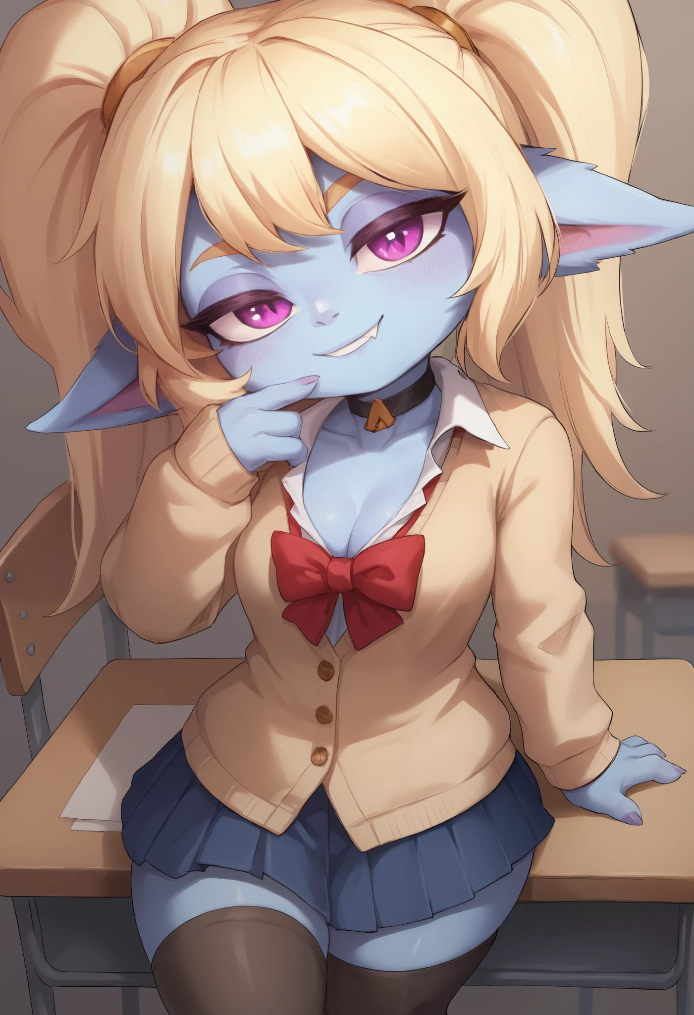 score_9, score_8_up, score_7_up, rating_safe, 1girl, (shortstack:1.3), cute, p0ppy, yordle, blonde hair, blue skin, big twintails, small breasts, huge hips.(head tilt:1.3), smug, bedroom eyes, close-up, cleavage, solo, 4 fingers.  choker.  school uniform. school class. desk. stockings