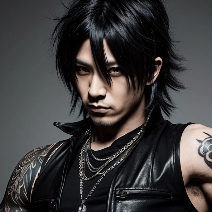 1 man, Japanese man, male, Asian eyes, muscular, broad shoulders, yakuza tattoos, hairstyle Visual Kei style, hair Visual Kei, black men's shirt and black pants, ultra detailed face, hyperrealistic, realistic representation, long hair, long hair, 30 years old, age 30 years, blond, blonde hair