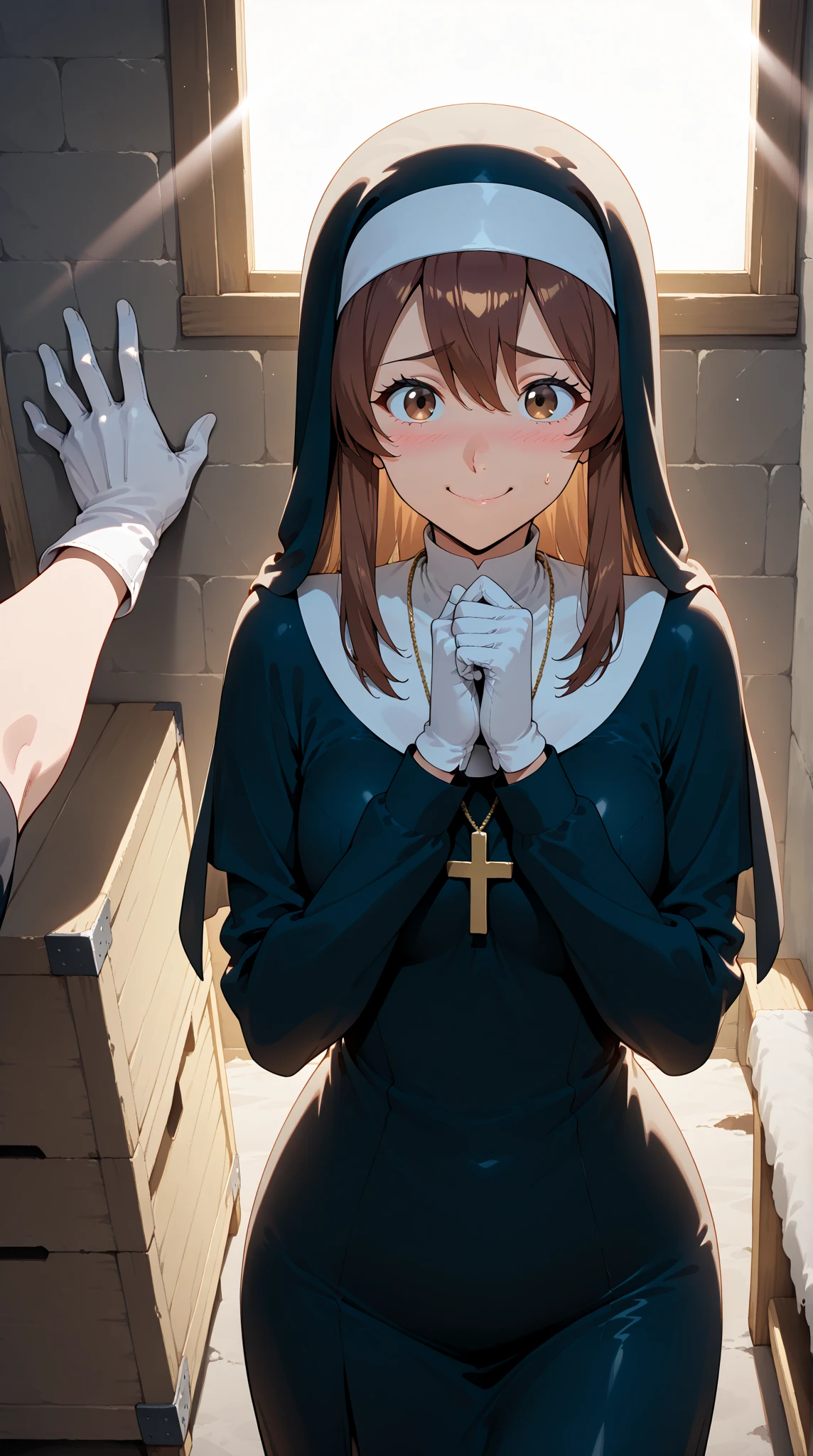 Anime-style character, source_anime, neolight, backlighting, light rays, 1girl, adult woman, beautiful, best perfect anatomy, A pale anime mature woman, nun (black nun habit, cross necklace, white glove:1.1), 1 woman, lonely, deep brown eyes, long hair, deep brown hair, straight hair, waist length hair, bangs, Pretty Face, cute, anime girl with nervous look, embarrassed, little smile, looking a view, scared poses, medium Up, Single Shot, Shooting from the person, kabedon, pov hands (background : medieval storage room, very small space),