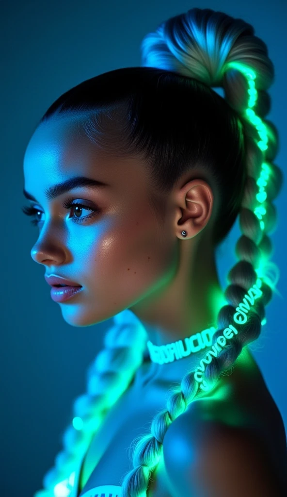 This is a highly stylized, digital illustration of a young woman with a striking, futuristic aesthetic. She has a light skin tone and is depicted in profile, with her face illuminated by a cool blue and neon green light. Her hair is styled in intricate, high braids that are dyed with neon green and blue hue text "CIVITAI", creating a vibrant, almost holographic effect. 
Her eyes are large and expressive, with well-defined, thick eyelashes and subtle makeup that enhances her features.
 