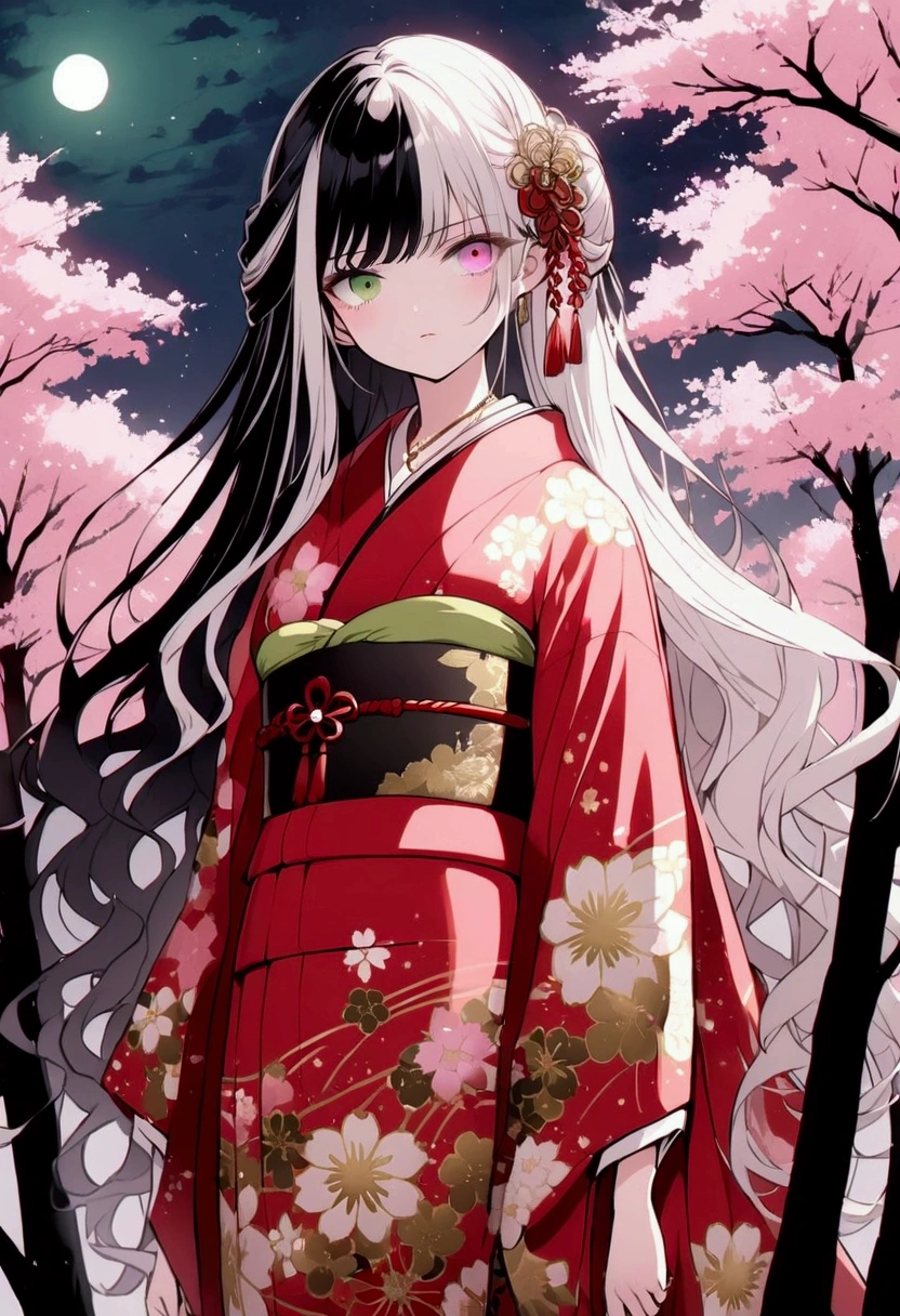 Full body angle, solo, long Wavy black hair and platinum blonde half & half colored hair, half updo, hair flowing beautifully,  elegant kanzashi, young woman with green color & pink color heterochromia eyes, serious expression, elegant red furisode with flower pattern, elegant necklace, japanese socks, kimono geta, standing near sakura trees, beautiful night 