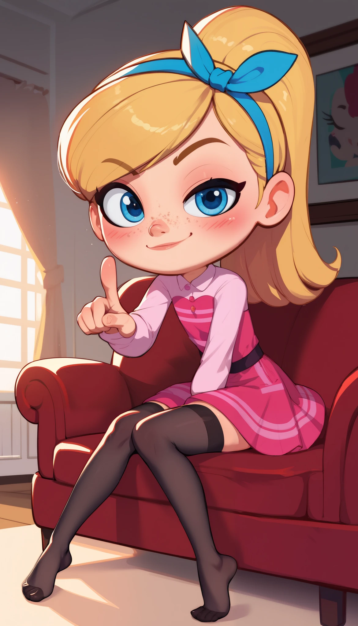 1girl, full body, solo, young girl, 9- , penny peterson, long hair, blue eyes, freckles, blonde hair, skirt, hairband, cyan ribbon, ponytail, black sexy stockings, pink dress, long sleeves, no shoes, score_9, score_8_up, score_7_up, score_6_up, score_5_up, sitting, sofa, sitting up, indoors, looking at you, facing you, smug expression, one eyebrow raised, pointing at you, exaggerated blushing, red face, blush lines, soft lighting, flat chest, leaning forward, pointing downwards