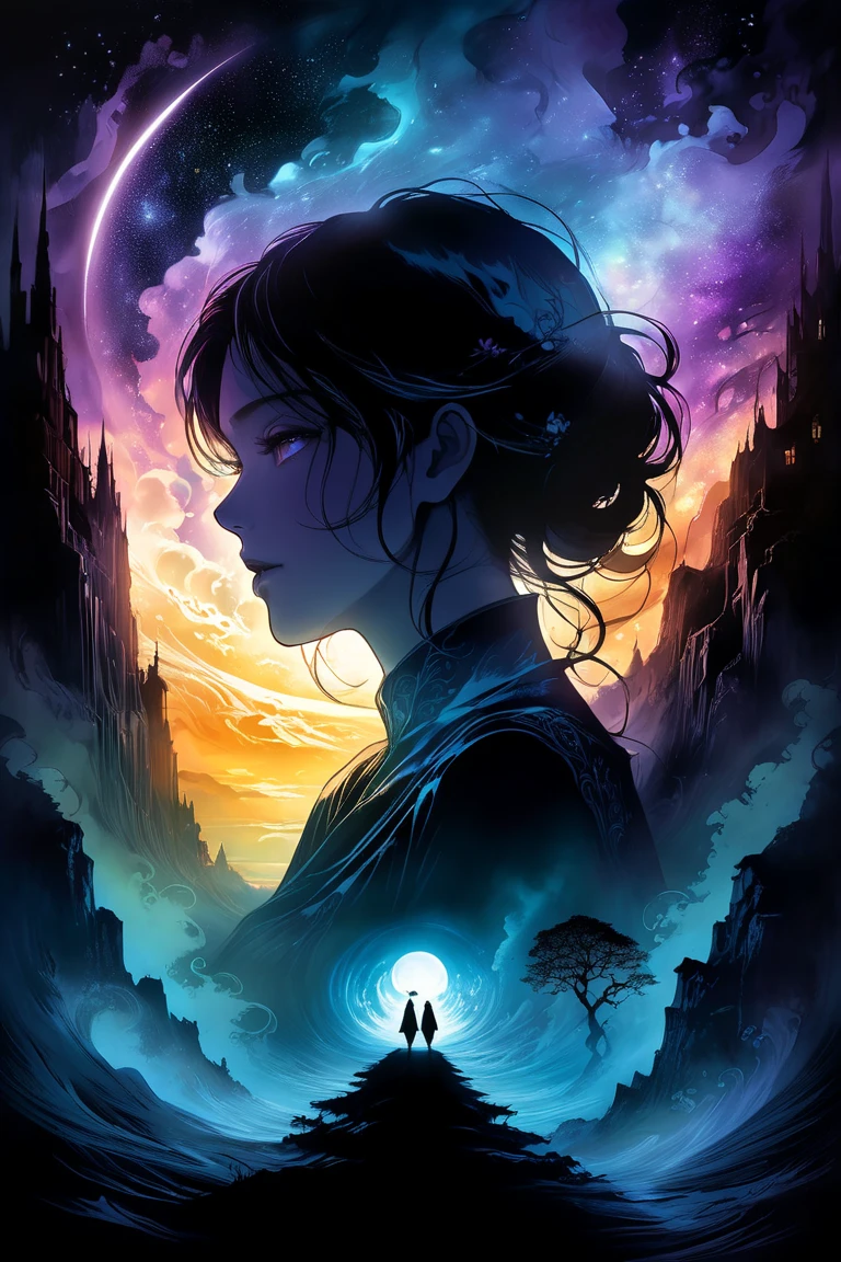 Midjourney, MJ, Midjourney style, poster, manga, anime, 
A mesmerizing pretty fantasy illustration captures the essence of a hauntingly beautiful couple, its silhouette starkly highlighted against an collourful background. The edge of both is bathed in a chilling supernatural light, emanating from an enigmatic, otherworldly source. This eerie illumination creates a haunting ambiance, with the contrast between light and dark areas amplifying the captivating atmosphere. The ethereal glow and mysterious aura of the scene transport the viewer into a realm of fantasy and wonder, making this captivating illustration a true masterpiece of painting art. The intricate details and enchanting ambiance are sure to leave a lasting impression on all who behold it., Pintura da Era de Ouro Holandesa,Romantismo, 