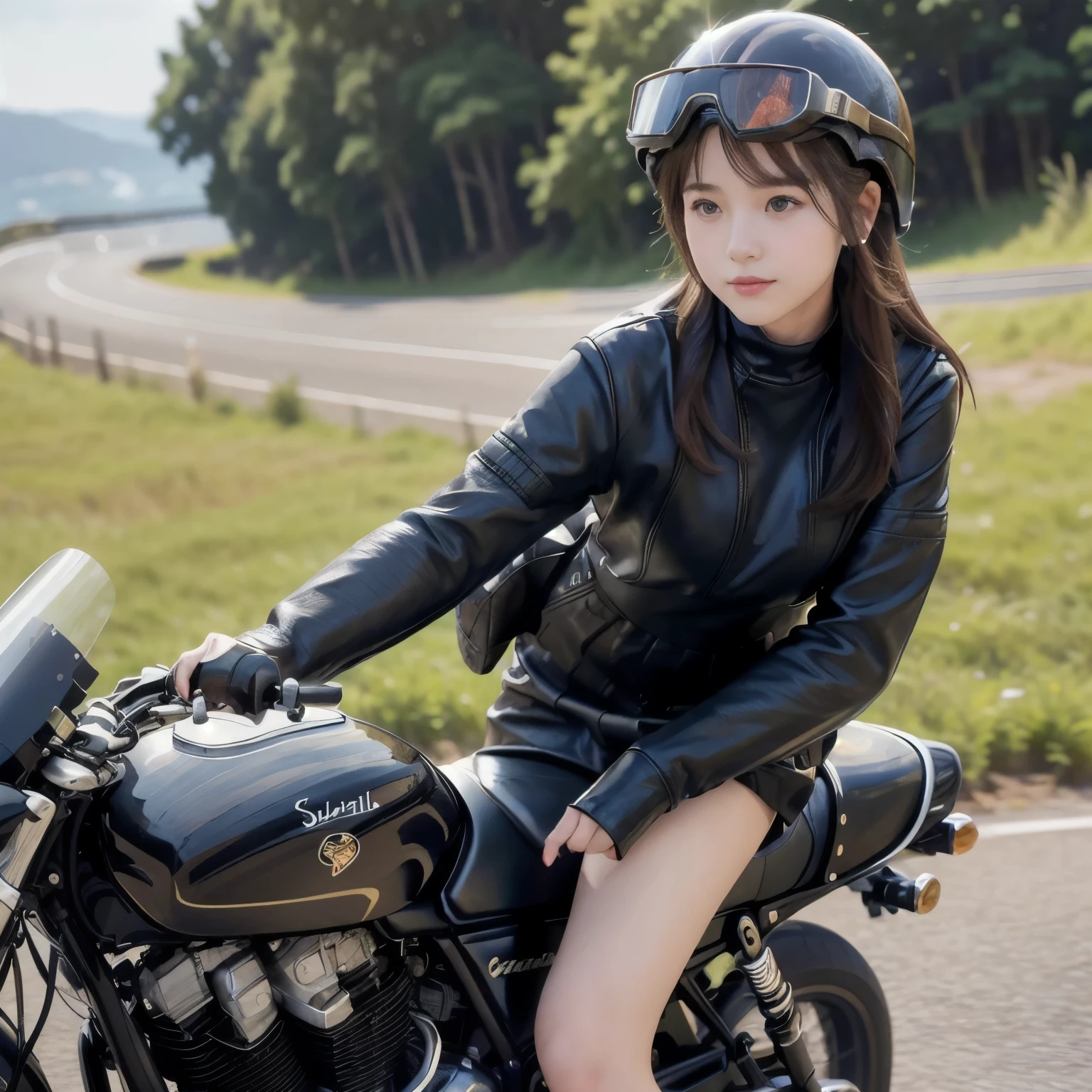 You are a professional photographer。masterpiece、8K、Highest quality, Soft Light, Ultra-high resolution, (Realistic:1.4), RAW Photos,24 years old Japanese, alone, cute, bangs、(pupil, Light in your eyes), Beautiful face in every detail, (Small box),(High resolution detail of human skin texture),Cleavage
、Biker、Wear a rider's jacket、Accurate background、(Leaning on the motorcycle)、wear a tight miniskirt、Claim your legs、Knee-high boots
、(Portraiture)
