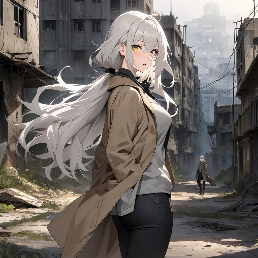  mature,  golden eyes,  viewers because it's Shiragane in the middle of winter, woman, suburban background ,  messy hair,  very long white hair that reaches the thigh,  ponytail,  open lips, Hair between the eyebrows,  standing, Eye scar ,  clean skin,  slim, fit, From the side,   knight , Abandoned City,  black pants ,  grey shirt,  brown ripped coat 
