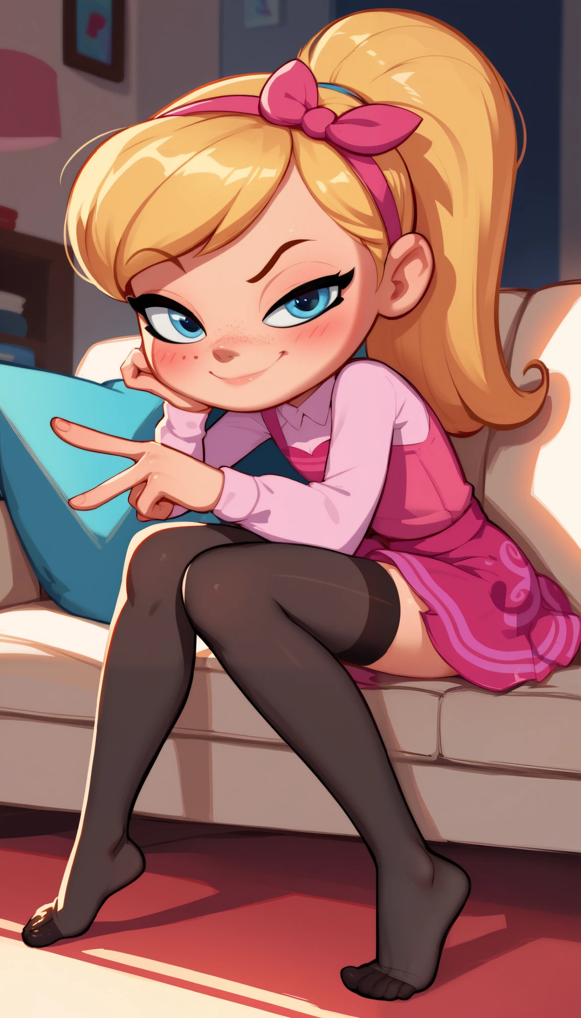 1girl, full body, solo, young girl, 9- , penny peterson, long hair, blue eyes, freckles, blonde hair, skirt, hairband, cyan ribbon, ponytail, black sexy stockings, pink dress, long sleeves, no shoes, score_9, score_8_up, score_7_up, score_6_up, score_5_up, sitting, sofa, sitting up, indoors, looking at you, facing you, smug expression, one eyebrow raised, exaggerated blushing, red face, blush lines, soft lighting, flat chest, leaning forward, pointing downwards