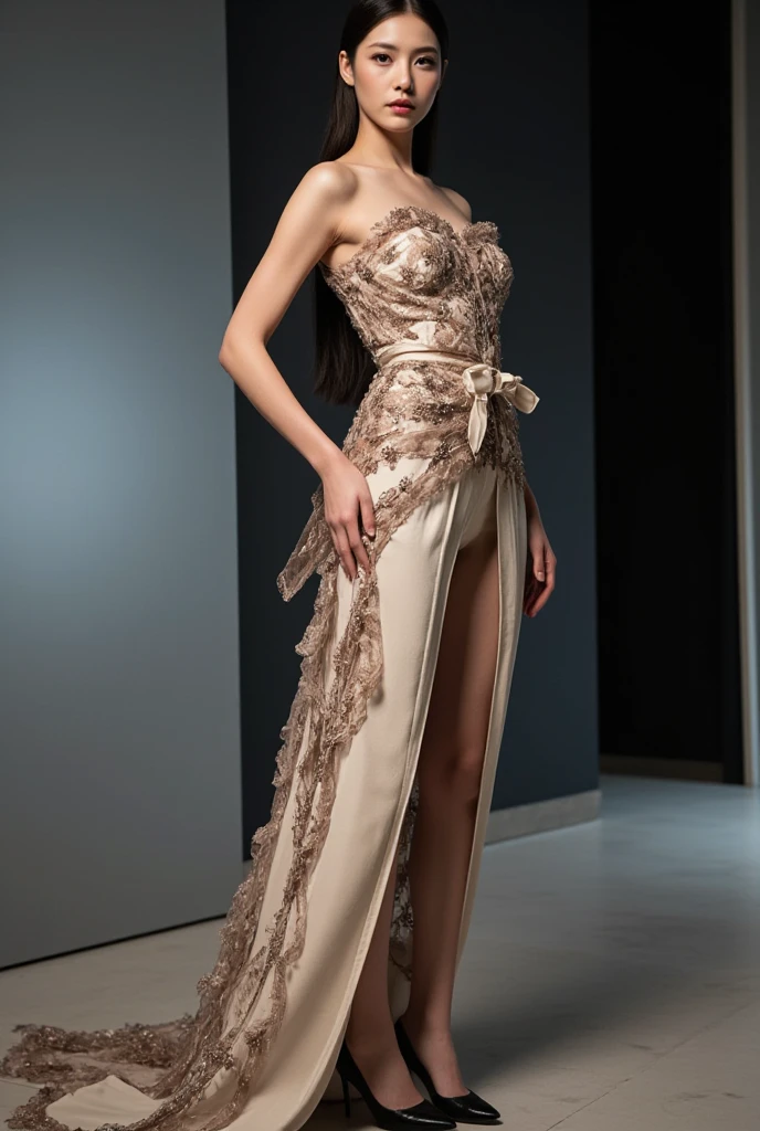 a woman in a long dress standing on a train track, vestido extravagante, vestido feito de penas, revelando vestido elegante, vestido vestido bonito vestido, fantasia vestido longo intrincado, Esposa, vestido sexy, vestido de luxo, vestido longo e luxuoso intrincado, usando um vestido de penas, vestido deslumbrante, deslumbrante elegante, vestido intrincado, usando um vestido de noite, vestido intrincado, usando um vestido elegante ilustracao DESIGN DESENHO MODA BRILHO GLAMOUR 3D