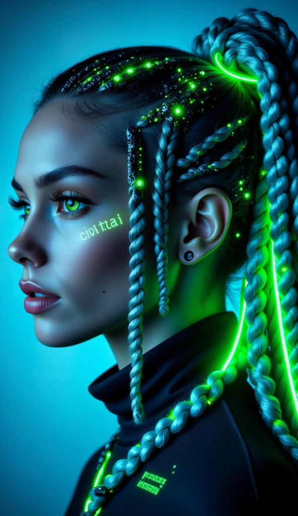 This is a highly stylized, digital illustration of a young woman with a striking, futuristic aesthetic. She has a light skin tone and is depicted in profile, with her face illuminated by a cool blue and neon green light. Her hair is styled in intricate, high braids that are dyed with neon green and blue hue text "CIVITAI", creating a vibrant, almost holographic effect. 
Her eyes are large and expressive, with well-defined, thick eyelashes and subtle makeup that enhances her features.
 