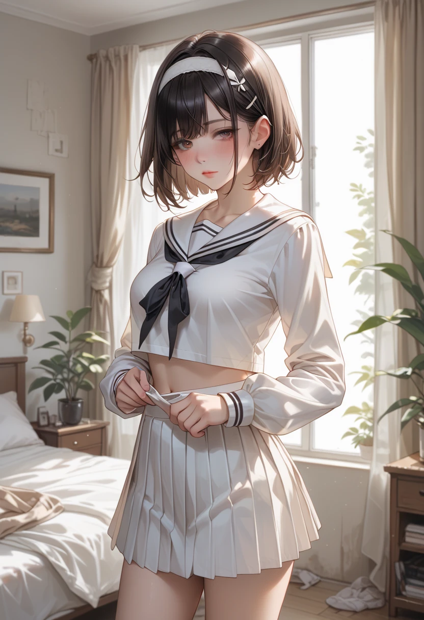  white sailor suit,  Long Sleeve ,  white short pleated skirt,  big black ribbon on chest ,  Abandoned Bedroom, red short hair,  The girl is wearing a white headband,  Tall Girl , medium breasts, standing, girl is drunk, pull down skirt, show off panty, Alone