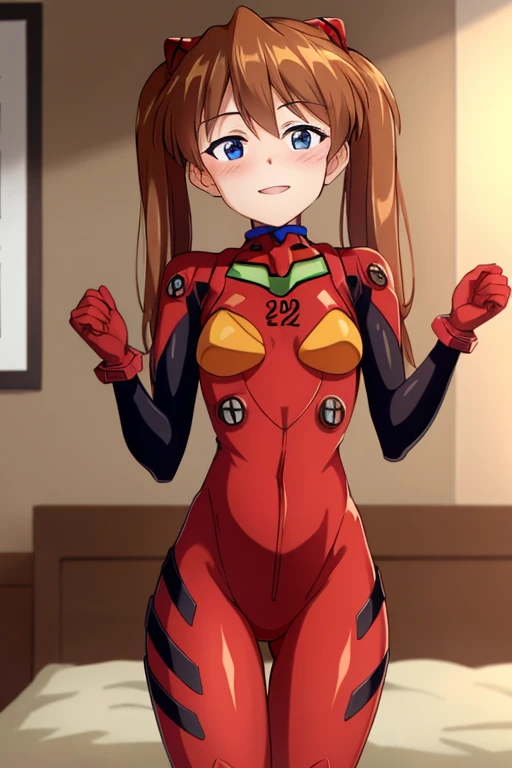 (( top quality )), ((masterpiece)), (be familiar with), perfect face, indoor, bedroom,  viewers because it's Shiragane in the middle of winter,
One woman,  Soryu Asuka Langley ,
開いた口,  ecstatic expression beside the piano, blush, smile,
 small tits,  flat chest, Young girl, Lori,  s,  girl,
 long hair,  twin tails,
Leg spread,