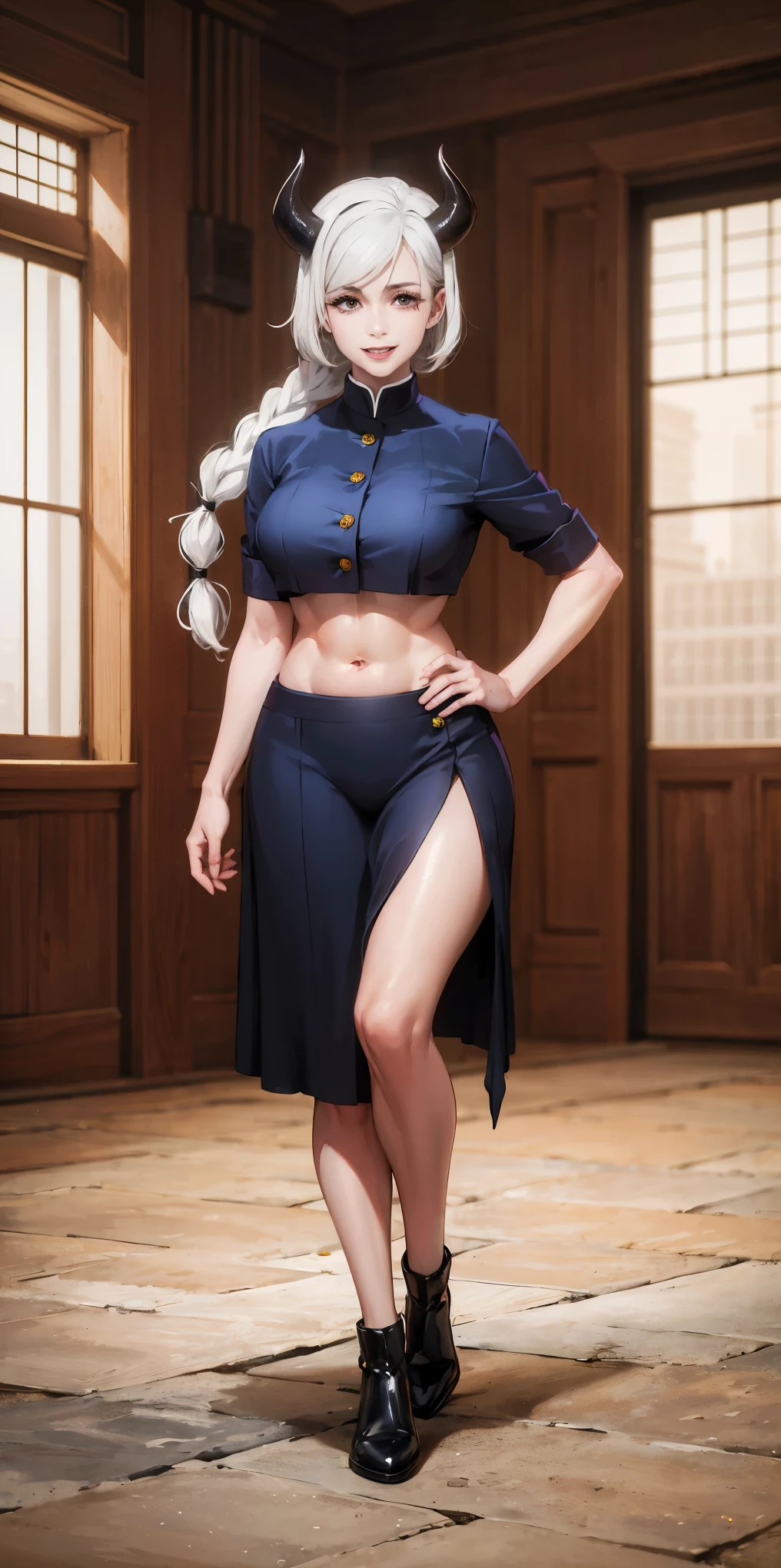 A full-bodied girl standing, nice ass, maid of honor, Hairstyle with a white braid, white hair, blind, Perfect lighting , muscular, thighs, mature woman, mummy, belly button, Abdominals , look at the spectator ( masterpiece, HIGH QUALITY: 1.1) smile, Extremely large breasts, maternal, porcelain skin, Extra long hair, shiny leather, good face, horns oni