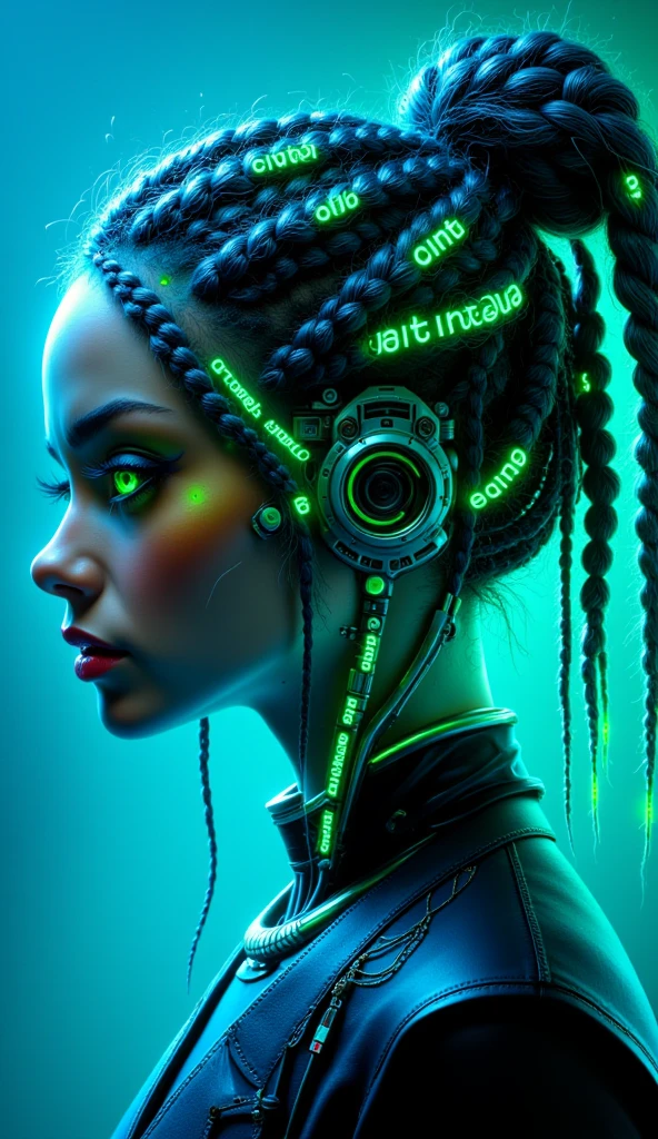 This is a highly stylized, digital illustration of a young woman with a striking, futuristic aesthetic. She has a light skin tone and is depicted in profile, with her face illuminated by a cool blue and neon green light. Her hair is styled in intricate, high braids that are dyed with neon green and blue hue text "CIVITAI", creating a vibrant, almost holographic effect. 
Her eyes are large and expressive, with well-defined, thick eyelashes and subtle makeup that enhances her features.
 