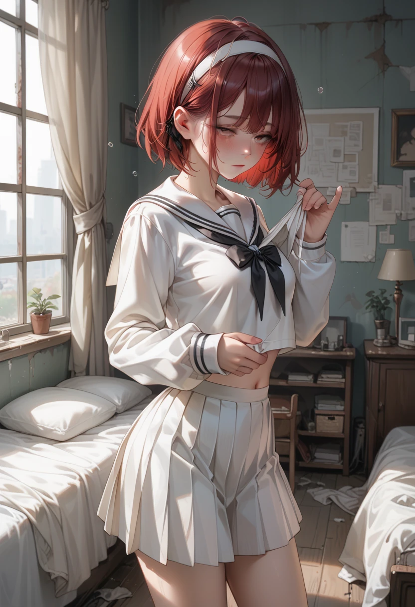  white sailor suit,  Long Sleeve ,  white short pleated skirt,  big black ribbon on chest ,  Abandoned Bedroom, red short hair,  The girl is wearing a white headband,  Tall Girl , medium breasts, standing, girl is drunk, pull down skirt, Alone