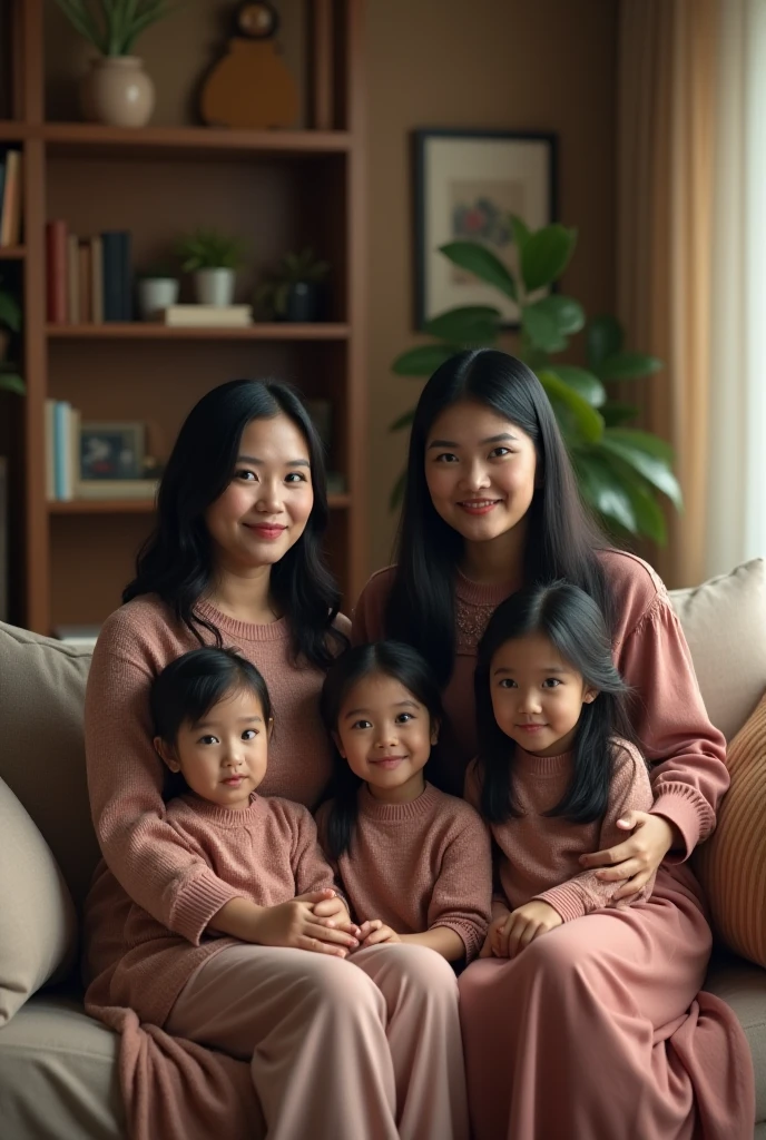 four persons: photo of a Filipina woman with short wavy black hair wearing long dress smiling at the camera, sitting while holding a baby about . On her right side, is 1 female kid wearing shirt and short pants and 1 male kid wearing polo shirt around 7 years oldng beside her. Set in the living room with bright daylight. Raw photo 90's style. Colorful photo.