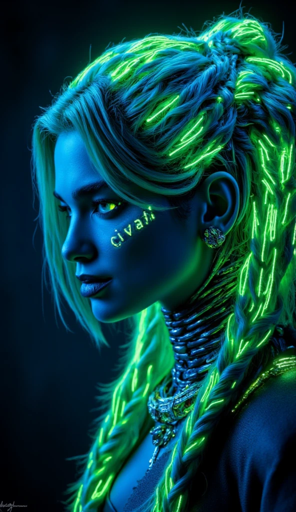 This is a highly stylized, digital illustration of a young woman with a striking, futuristic aesthetic. She has a light skin tone and is depicted in profile, with her face illuminated by a cool blue and neon green light. Her hair is styled in intricate, high braids that are dyed with neon green and blue hue text "CIVITAI", creating a vibrant, almost holographic effect. 
Her eyes are large and expressive, with well-defined, thick eyelashes and subtle makeup that enhances her features.
 