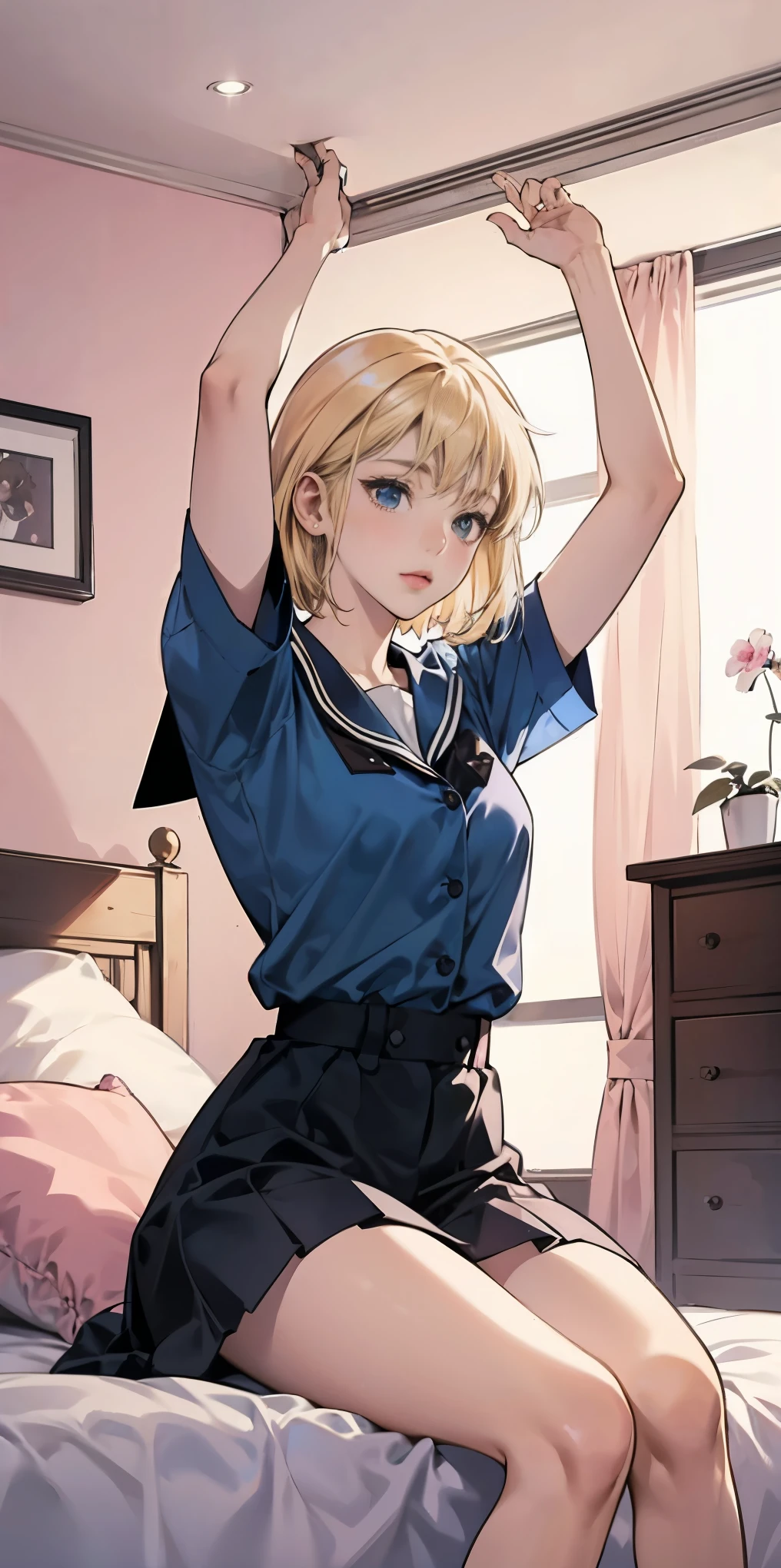 1sologirl (cha hae-in) sitting on pink bed, arms raised in the air, front view, cute, android 18, blonde hair, shor hair, wearing schoolgirl uniform
