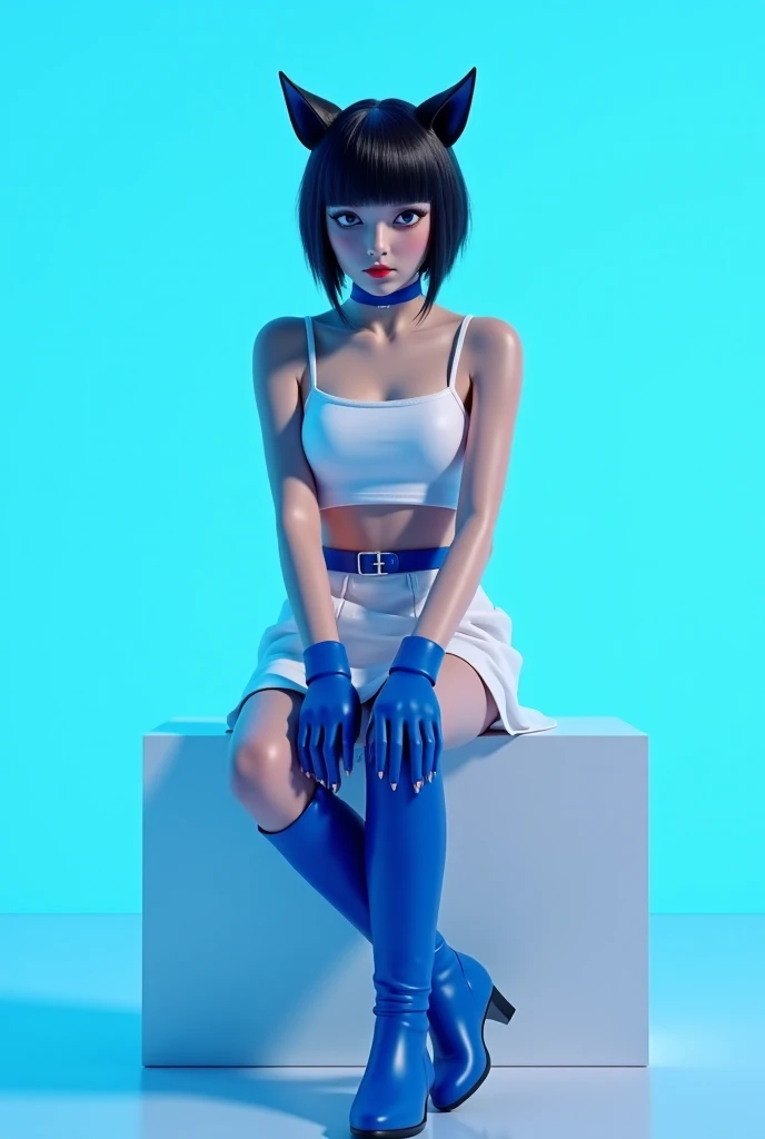 Long, slender legs, Woman with sky blue hair posing, Tight light blue suit, Dress neatly, Elegant legs, Wear white high heels,girl, Very beautiful, long and slender legs, Close-up portrait of a woman in a blue suit and red cape, Capcom, As a Tekken character, fighting game character,King of Fighters character,