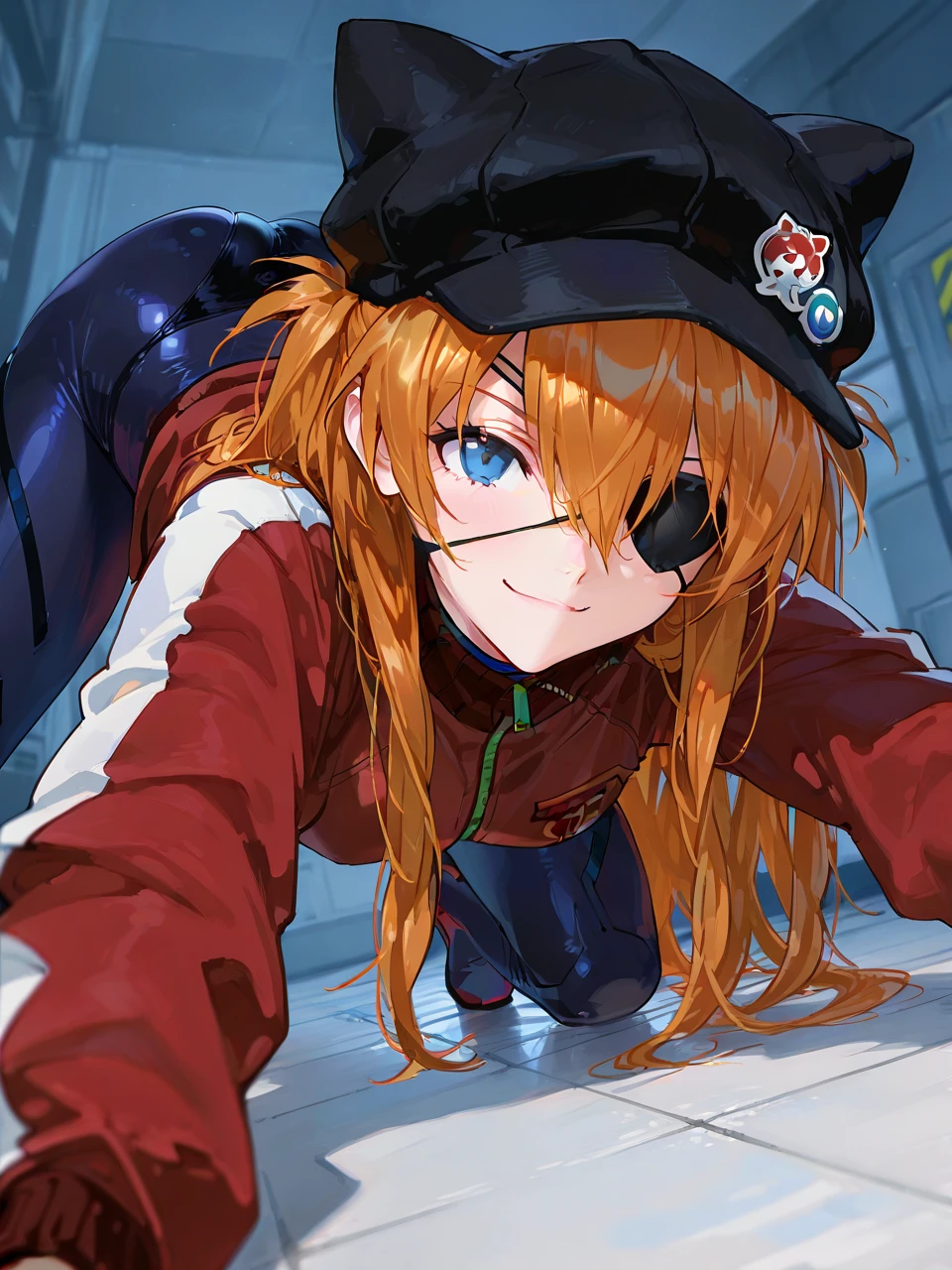  top quality , masterpiece,         ,          1 girl,   ,         viewers,  ,      smile,,        Neon Genesis Evangelion 、       Shikinami Asuka Langley、      red jacket , Bodysuit under underwear, Cat hat,        eye patch, Protruding thighs 、(Jack-o&#39;-Challenge)、 on all fours、