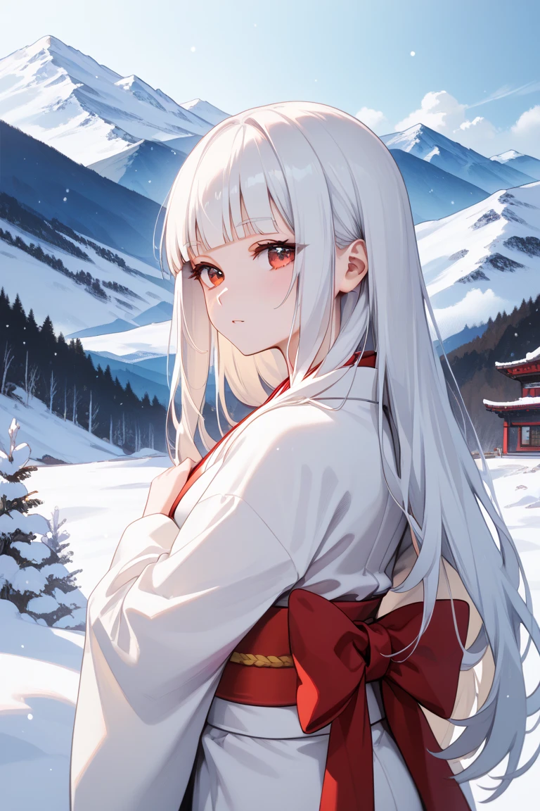 masterpiece,best quality,simple,minimalism,hime cut,cute japanese girl,(((straight white long hair))),troubled and groomed eyebrows,red eyes,slanted eyes,half opened eyes,white skin,white kimono red obi,simple background,snow,mountain,snowstorm,ride on white baer