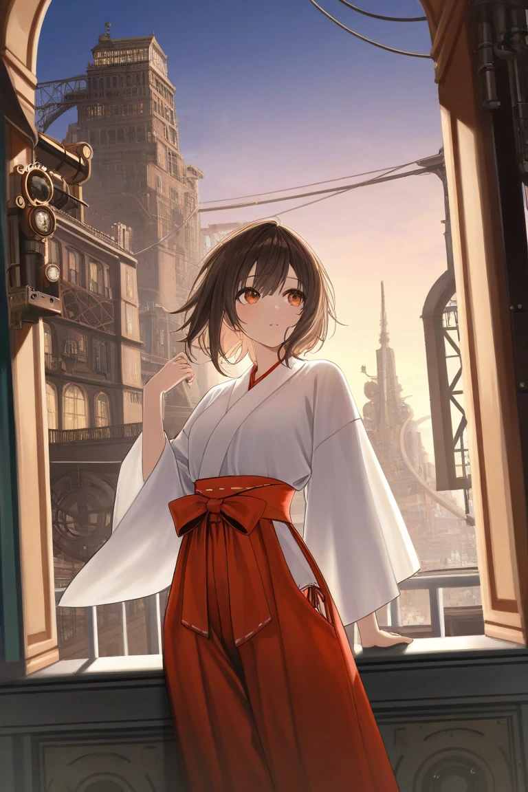 ( best quality swimsuit), girl,oriental detailed background, Oriental cityscape,  steampunk, miko