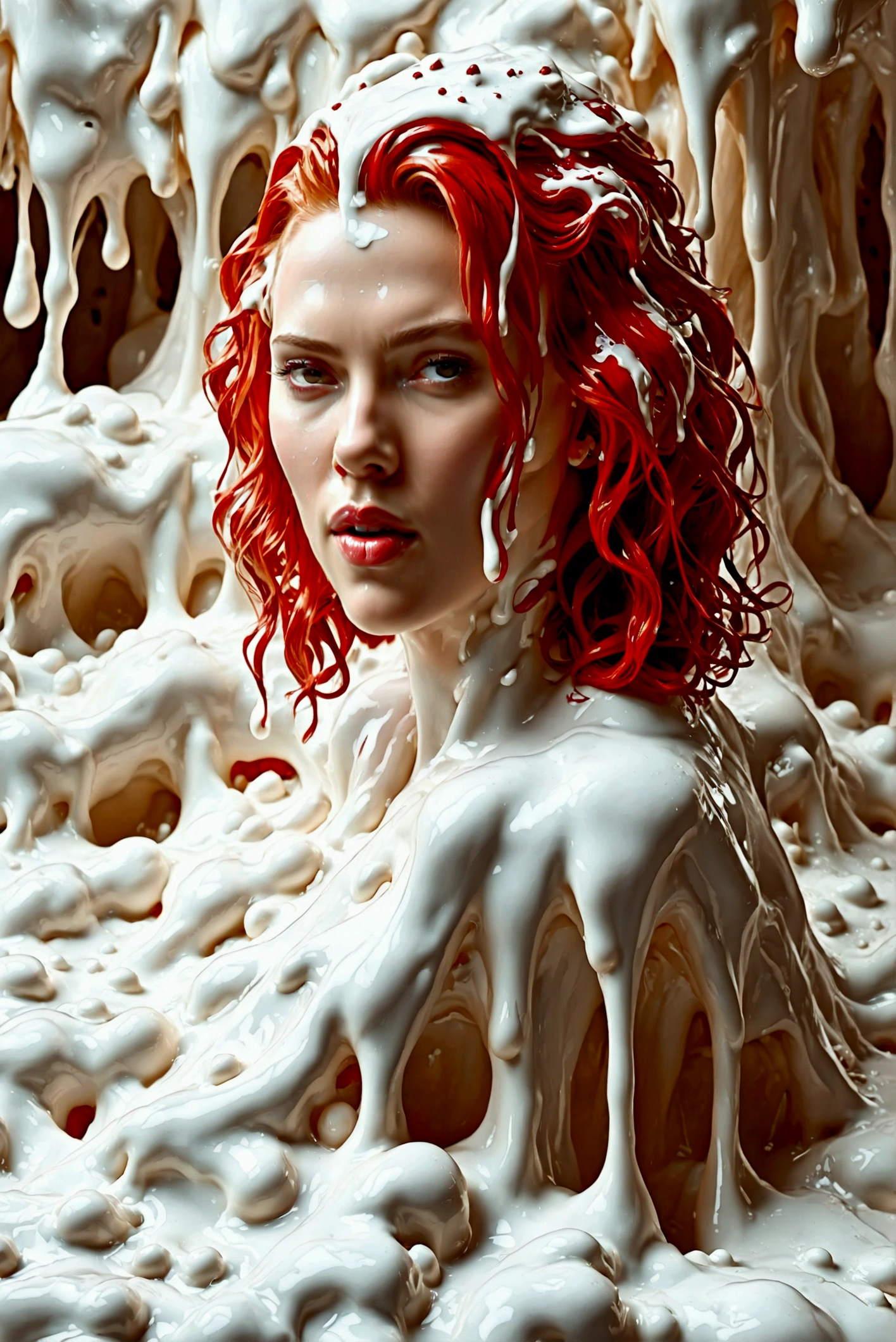 Scarlett johanson covered in white slime, nude, she show pussy between 2 cars, realist, detailed, cum, cum covered, milk covered