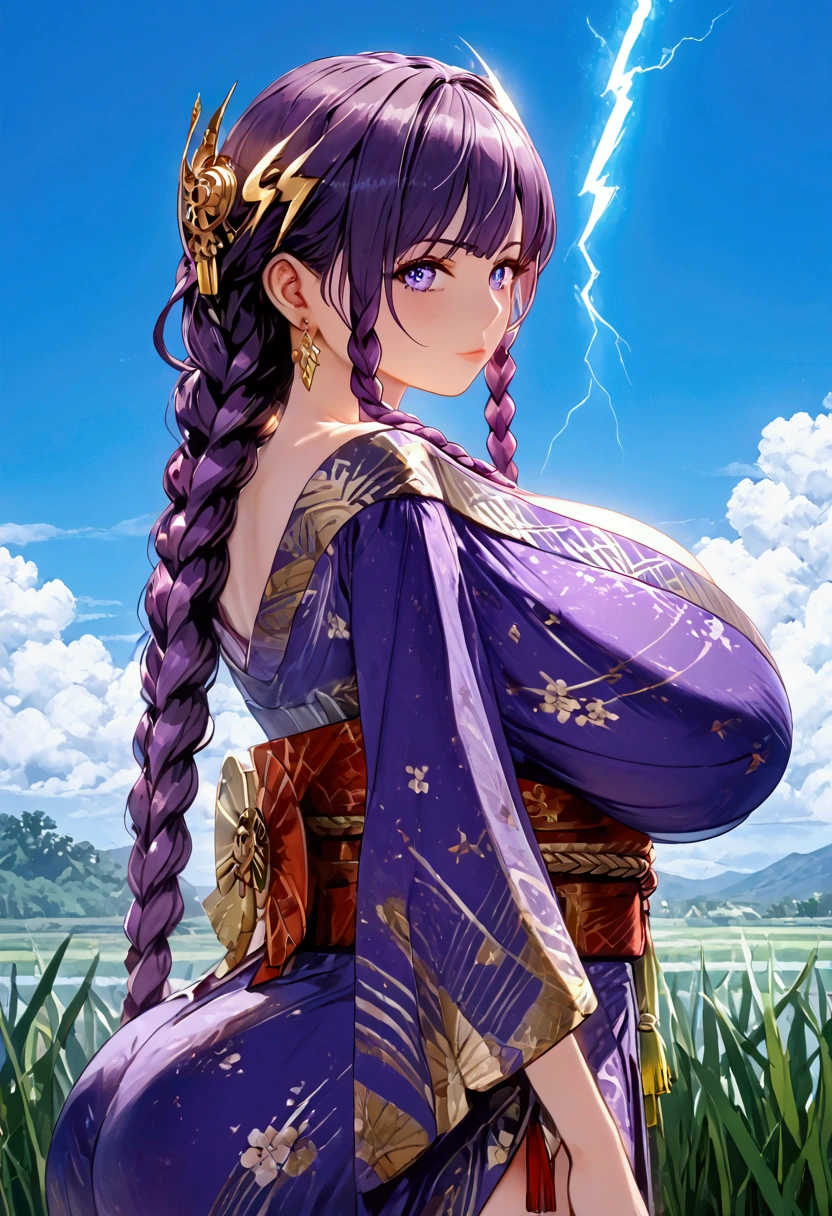 ((( Lightning General)))、(((Purple Hair)))、((( braids)))、(((Purple Kimono )))、(((  gold hair ornament  )))、(((clothing))),(((( super huge ,   abnormally swollen breasts  ))))、(((HYPER Breast))),((( super huge  ass)))、(((   plump body  )))、((( thighs)))、((((( blue sky)))))、(((((Turf)))))、{{{NFSW}}}、{{{masterpiece}}}, {{{ top quality }}}, {{ultra-   Details}}, {{shape}}, {{{        is very delicate and beautiful   }}},{{extremely    Details CG}}、{{   Unity 8k Portrait}}、{{Fabric Shading}}、{{super    Details skin}}、{{    COMPLETE ANATOMY }}、{{   Details}}、{{Moving Light}}、{{{beautiful    Details eyes}}}、{{{beautiful    Details Face}}}、{{{ realistic , Live Anime}}}、{{{   anime paint}}}、(   perfect face)、(非常に   Detailsな顔)、(  perfect eyes)、( ハイライツ)、(  perfect legs )、( Perfect Breasts )、(Perfect pose)、(     perfect body  )、((  cowboy shot))、(((((     Dynamic Depiction    )))))、(((((the above)))))