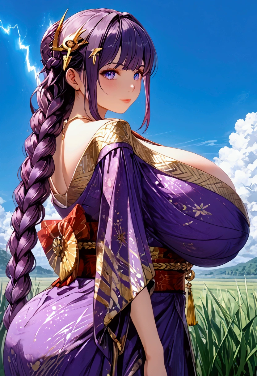 ((( Lightning General)))、(((Purple Hair)))、((( braids)))、(((Purple Kimono )))、(((  gold hair ornament  )))、(((clothing))),(((( super huge ,   abnormally swollen breasts  ))))、(((HYPER Breast))),((( super huge  ass)))、(((   plump body  )))、((( thighs)))、((((( blue sky)))))、(((((Turf)))))、{{{NFSW}}}、{{{masterpiece}}}, {{{ top quality }}}, {{ultra-   Details}}, {{shape}}, {{{        is very delicate and beautiful   }}},{{extremely    Details CG}}、{{   Unity 8k Portrait}}、{{Fabric Shading}}、{{super    Details skin}}、{{    COMPLETE ANATOMY }}、{{   Details}}、{{Moving Light}}、{{{beautiful    Details eyes}}}、{{{beautiful    Details Face}}}、{{{ realistic , Live Anime}}}、{{{   anime paint}}}、(   perfect face)、(非常に   Detailsな顔)、(  perfect eyes)、( ハイライツ)、(  perfect legs )、( Perfect Breasts )、(Perfect pose)、(     perfect body  )、((  cowboy shot))、(((((     Dynamic Depiction    )))))、(((((the above)))))